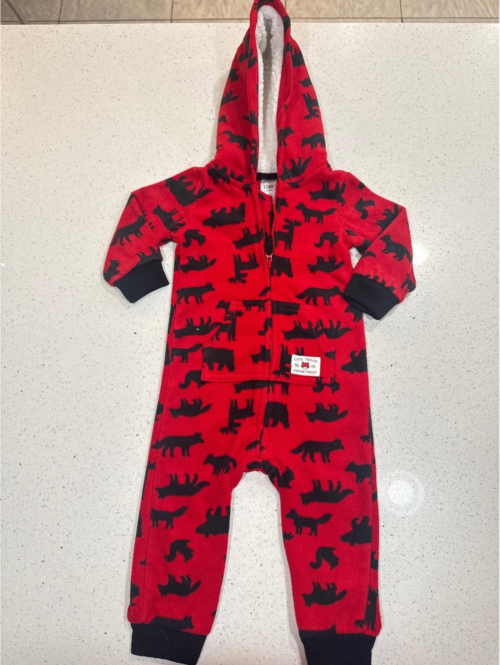 Red bear Hooded Fleece Jumpsuit 12M